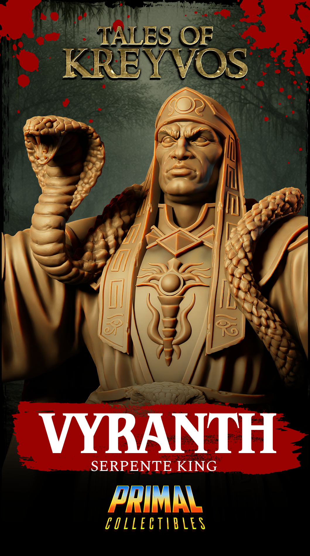 Close-up three-quarter front view of Vyranth the Serpent King bust highlighting his cold, commanding expression, solar-disc headdress with hieroglyph lappets, caduceus chest emblem, all-seeing eye motifs, cobra belt buckle, and the rearing cobra coiled at his raised fist. Unpainted golden resin render from Primal Collectibles, Tales of Kreyvos.