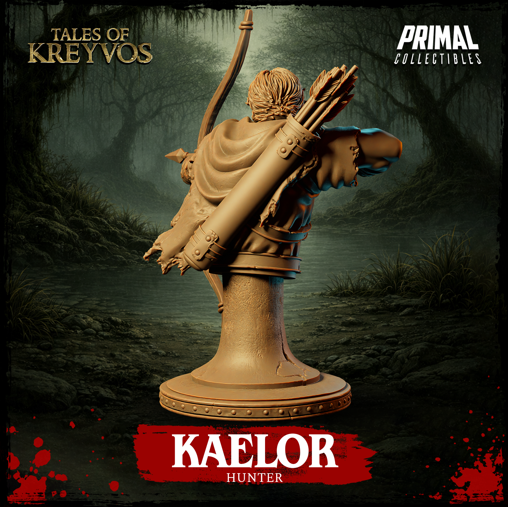 Rear-view digital render of the Kaelor Hunter display bust — showing the large cylindrical quiver strapped across the back with buckled leather straps, multiple feather-fletched arrows packed inside, tousled auburn hair, layered frayed cloak, and the round riveted plinth base. Unpainted tan resin. Tales of Kreyvos by Primal Collectibles.