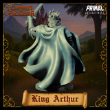 Digital render of the King Arthur bust miniature from Chronicles of Excalibur — rear view showing the dramatic sweep of the royal cloak, plate armour pauldrons, detailed hair and crown from behind, and Excalibur raised aloft against a castle backdrop