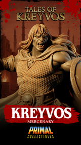 Full figure of Kreyvos barbarian warrior miniature on decorative scenic base, battle cry expression, long hair swept back, chainmail hauberk, skull-adorned war axe, battered round shield, and longsword extended forward. Sculpt by Primal Collectibles.