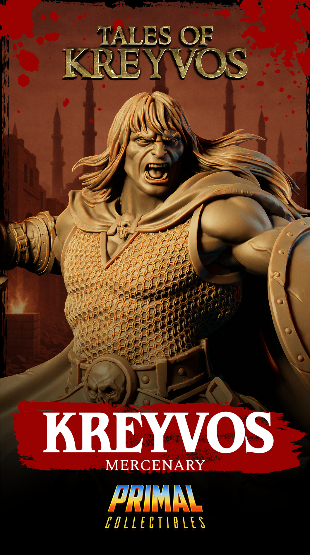 Full figure of Kreyvos barbarian warrior miniature on decorative scenic base, battle cry expression, long hair swept back, chainmail hauberk, skull-adorned war axe, battered round shield, and longsword extended forward. Sculpt by Primal Collectibles.