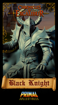 Close-up portrait-style digital render of the Black Knight from Chronicles of Excalibur by Primal Collectibles — detailed view of the horned visor helmet, scarred breastplate, jagged shoulder armour, and belted waist. Unpainted grey resin render with a castle in the background.