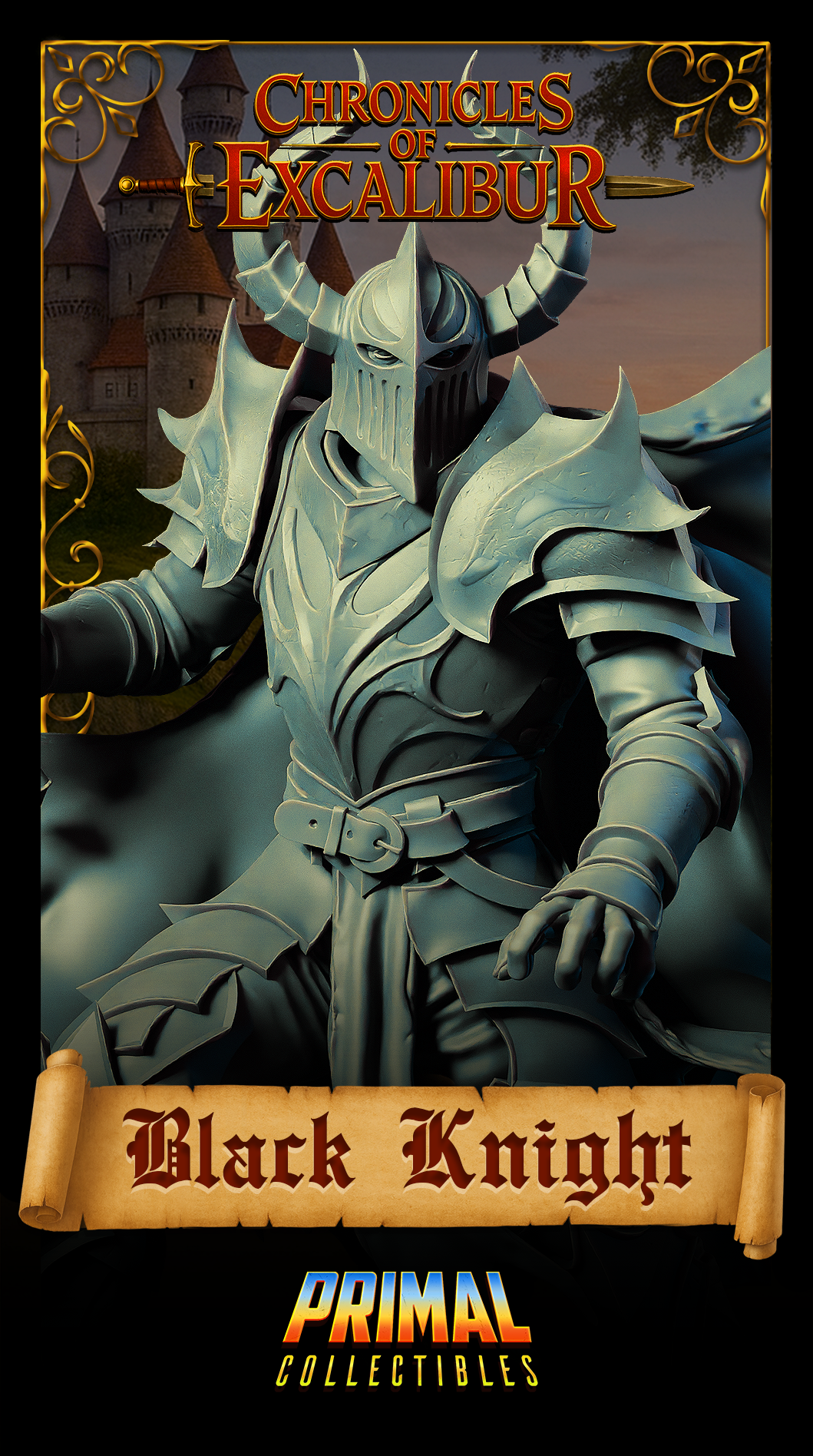 Close-up portrait-style digital render of the Black Knight from Chronicles of Excalibur by Primal Collectibles — detailed view of the horned visor helmet, scarred breastplate, jagged shoulder armour, and belted waist. Unpainted grey resin render with a castle in the background.