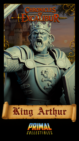 Close-up digital render of the King Arthur bust face and chest — unpainted grey resin render showing the full intensity of the battle-cry expression, open mouth, bearded face, jewelled crown, and the rearing lion embossed on the breastplate in sharp detail