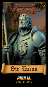 Close-up portrait render of Sir Lucan knight bust from Chronicles of Excalibur by Primal Collectibles — detailed view of bearded face, layered plate armour, heraldic tower crest on breastplate, and chainmail gauntlet gripping a battle standard