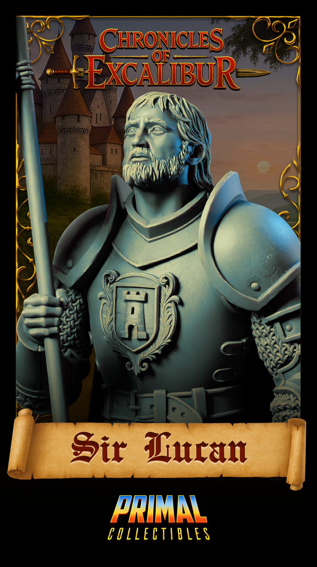 Close-up portrait render of Sir Lucan knight bust from Chronicles of Excalibur by Primal Collectibles — detailed view of bearded face, layered plate armour, heraldic tower crest on breastplate, and chainmail gauntlet gripping a battle standard