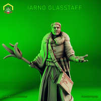 Digital render of Iarno Glasstaff miniature — bearded human wizard in a heavy fur-collared coat, holding a gnarled staff in one hand with the other raised open-palmed, scroll cases at his hip and an ornate book at his side, unpainted grey resin sculpt at 32mm scale