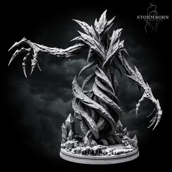 Ice Elemental by Stormborn Collectibles — towering twisted column of bladed ice shards, one arm raised high with splayed claws, standing on a rocky debris base.