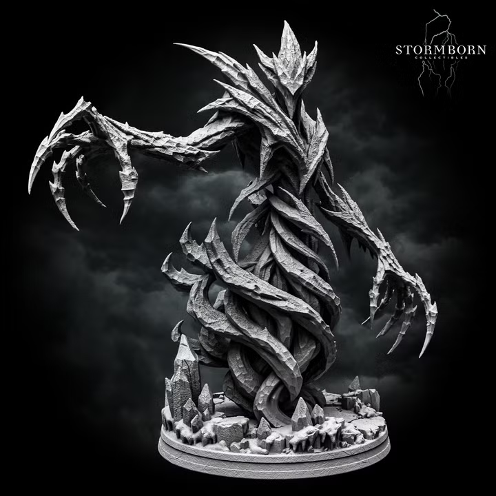 Ice Elemental by Stormborn Collectibles — spiralling layered ice-textured body with crown of blade-like spikes at the top, both clawed arms extended outward aggressively.