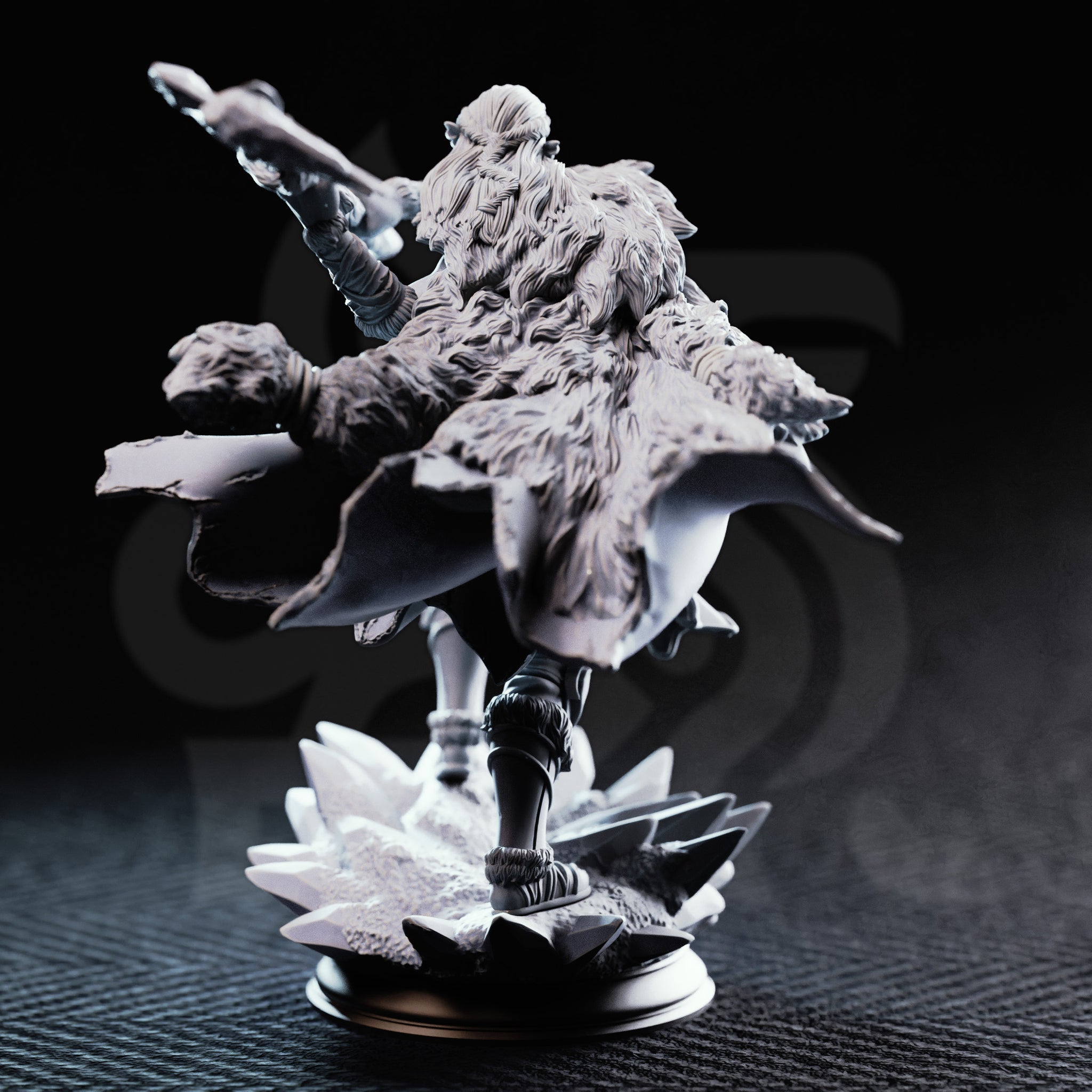 Unpainted grey resin miniature of Ice Heart by DM Stash — rear view showing richly textured fur cloak detail, flowing cape, and the jagged ice shard scenic base erupting beneath her feet