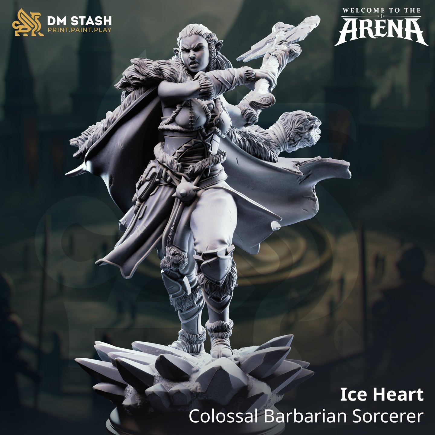 Ice Heart Colossal Barbarian Sorcerer miniature by DM Stash — digital render showing a Goliath female warrior in fur-lined armour, cape billowing, thrusting an ice-wreathed weapon forward, standing on a jagged ice shard base