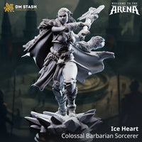 Ice Heart Colossal Barbarian Sorcerer miniature by DM Stash — digital render showing a Goliath female warrior in fur-lined armour, cape billowing, thrusting an ice-wreathed weapon forward, standing on a jagged ice shard base