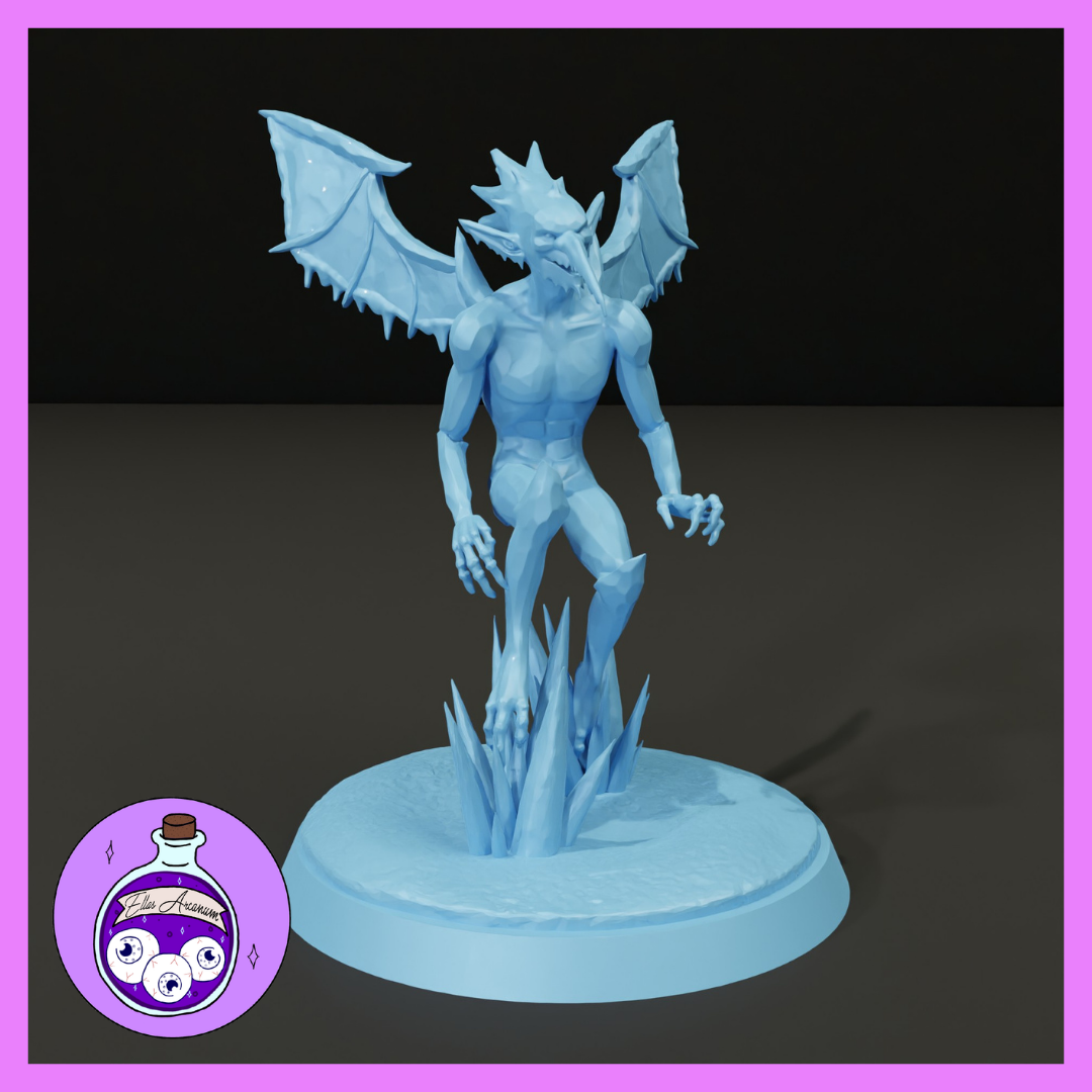 Unpainted blue resin Ice Mephit miniature by Ella's Arcanum Minis — winged demon figure mid-stride with clawed hands raised, spiky ice crown on head, and jagged frost shards rising from the integrated round base. Digital render shown in light blue resin.
