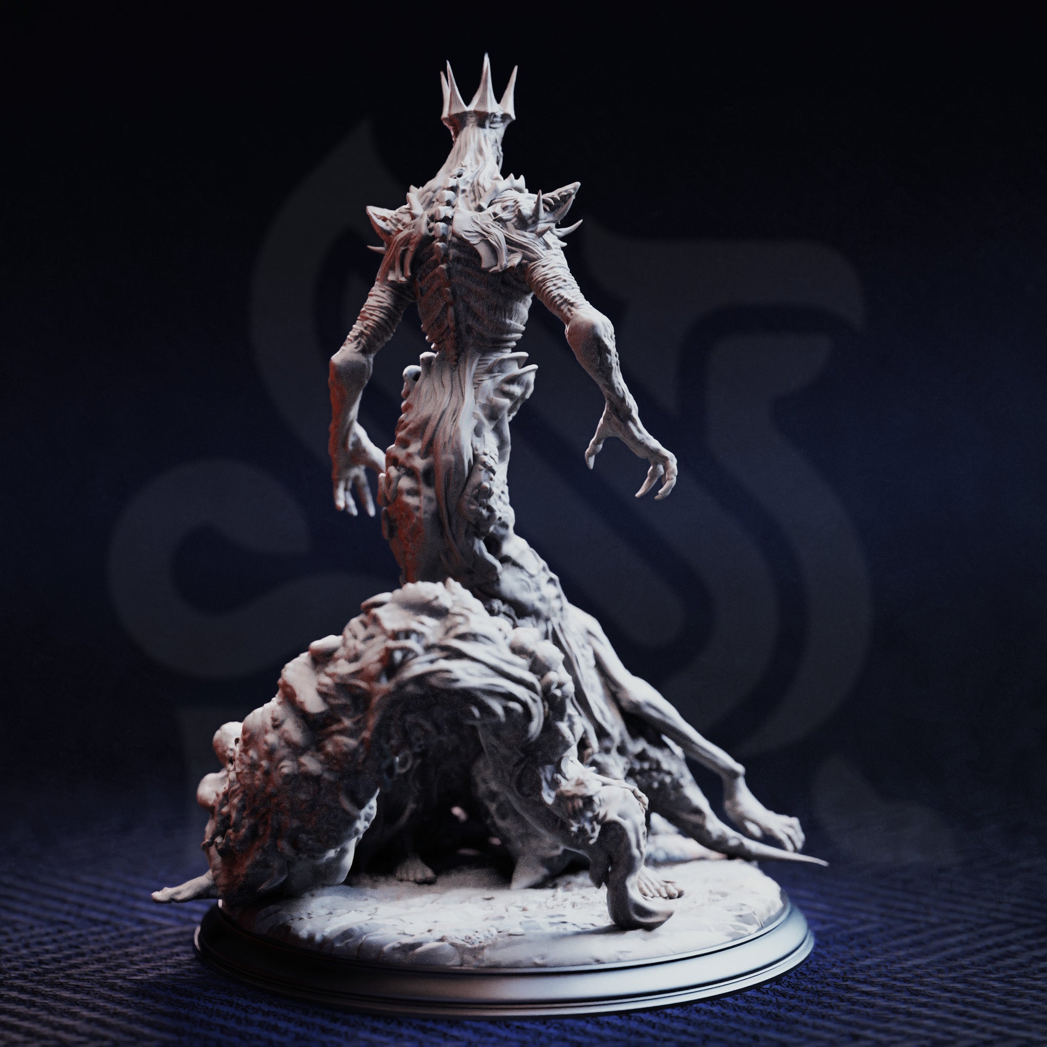 Rear three-quarter view of the unpainted grey resin Idinhelieth miniature, revealing the textured spine and trailing sinew down the back, further corrupted figures emerging from the scenic base, and the scale of the towering silhouette