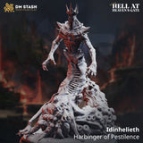 Digital render of Idinhelieth the Harbinger of Pestilence miniature — an emaciated crowned fiend rising from a scenic base of corrupted flesh, skulls, and diseased growths, with long grasping talons and exposed ribs, shown in grey resin with red ambient lighting against a fiery background