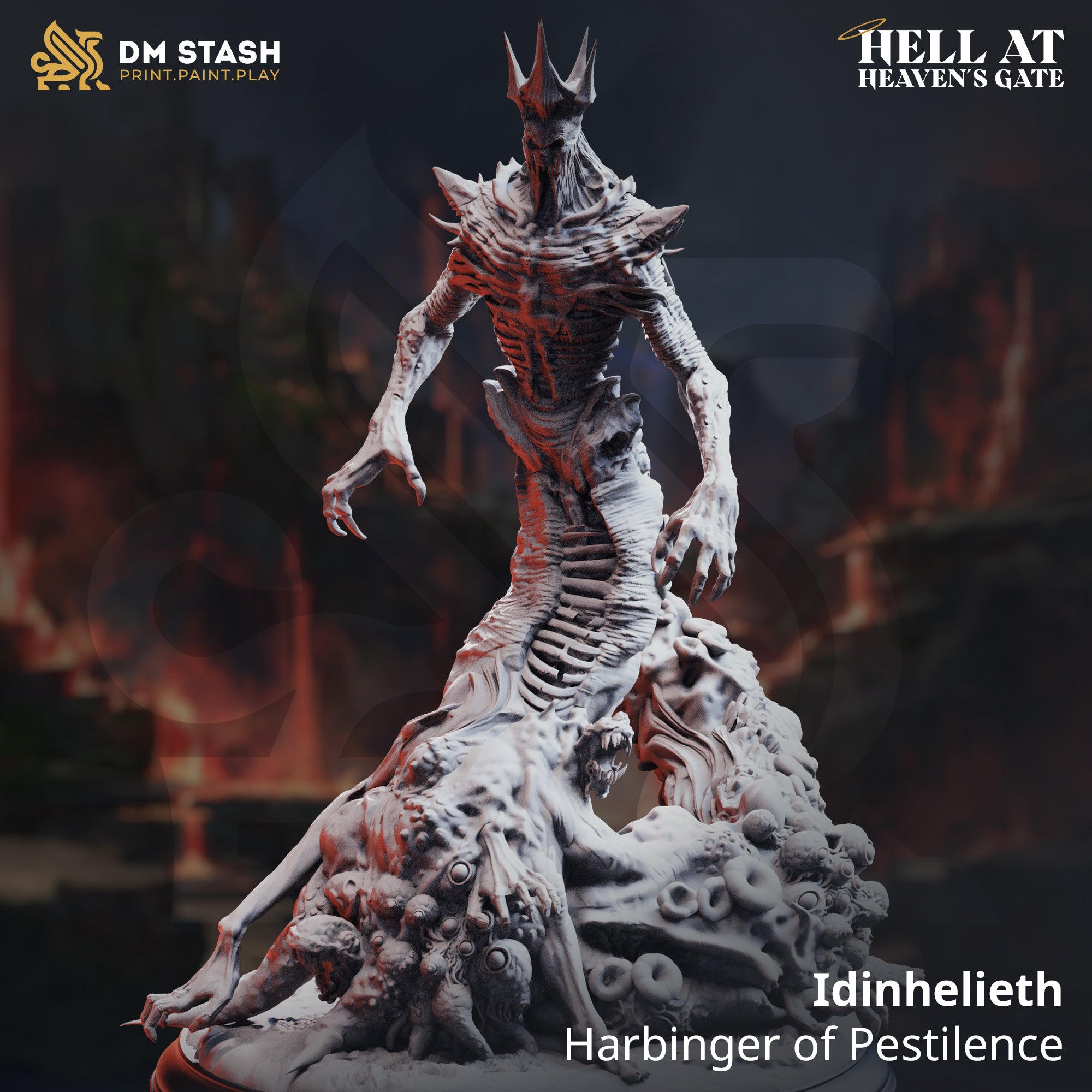 Digital render of Idinhelieth the Harbinger of Pestilence miniature — an emaciated crowned fiend rising from a scenic base of corrupted flesh, skulls, and diseased growths, with long grasping talons and exposed ribs, shown in grey resin with red ambient lighting against a fiery background