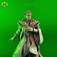 Digital render of the Iggwilv Archmage miniature by The Toadstool Weaver — an imposing figure in long flowing robes with carved detail, hands clasped at her chest, and a tall spiked crown. Unpainted grey resin render on a green background at 32mm scale.