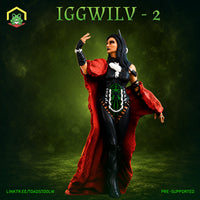 Iggwilv miniature by The Toadstool Weaver — woman with long black hair, one arm raised, wearing a fitted dark bodysuit with green sigil, sweeping red cloak billowing behind her.
