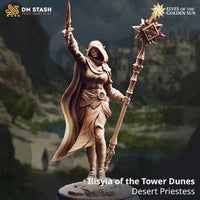 Digital render of Ilisyia of the Tower Dunes desert elf priestess miniature, showing her in a dynamic pose with a star-headed solar mace in her left hand and a ritual blade raised aloft in her right, wearing layered desert robes, a hooded cowl with pointed ear guards, engraved bracers, and a billowing cape — standing on a sandy rubble base. DM Stash Elves of the Golden Sun range.