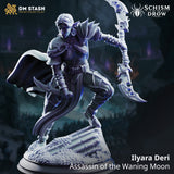 Rear view of a drow female assassin with a dramatically billowing cape spread wide, crescent weapon extended behind, scrollwork visible across the hip guard and leg armour, rubble base beneath. Sculpt by DM Stash.