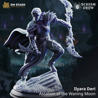 Rear view of a drow female assassin with a dramatically billowing cape spread wide, crescent weapon extended behind, scrollwork visible across the hip guard and leg armour, rubble base beneath. Sculpt by DM Stash.