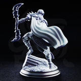 Drow female assassin leaning into a forward stride, crescent weapon raised high with ornate spine-covered haft, short blade held close, segmented armour detailed with filigree at shoulder and belt. Sculpt by DM Stash.