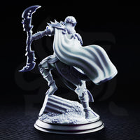 Drow female assassin leaning into a forward stride, crescent weapon raised high with ornate spine-covered haft, short blade held close, segmented armour detailed with filigree at shoulder and belt. Sculpt by DM Stash.