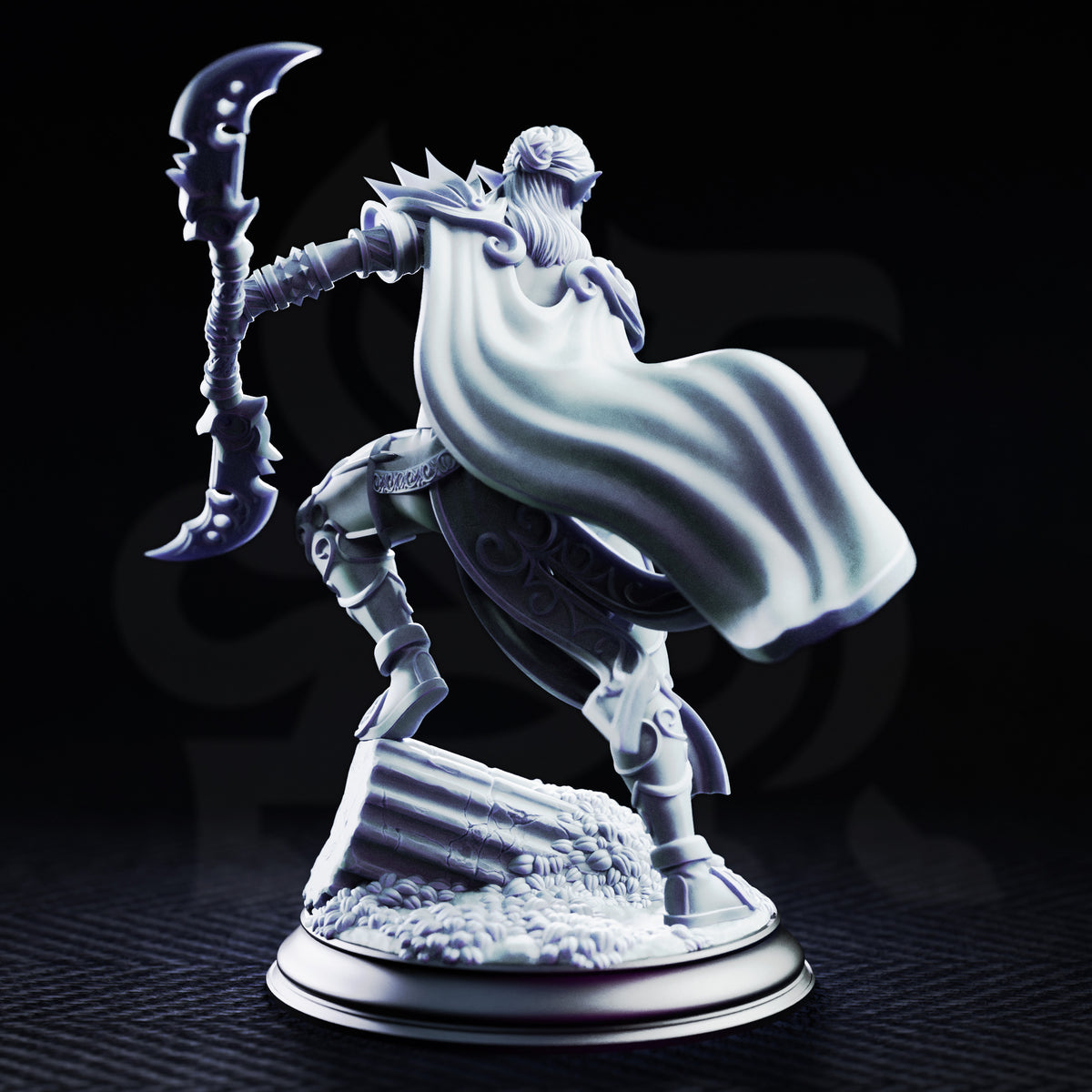 Drow female assassin leaning into a forward stride, crescent weapon raised high with ornate spine-covered haft, short blade held close, segmented armour detailed with filigree at shoulder and belt. Sculpt by DM Stash.