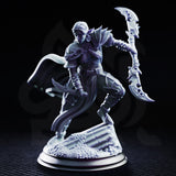 Drow female assassin striding forward, sweeping a long crescent-bladed weapon overhead and gripping a short blade low, wearing scrollwork-etched armour and a billowing cape, on a rubble-strewn stone base. Sculpt by DM Stash.