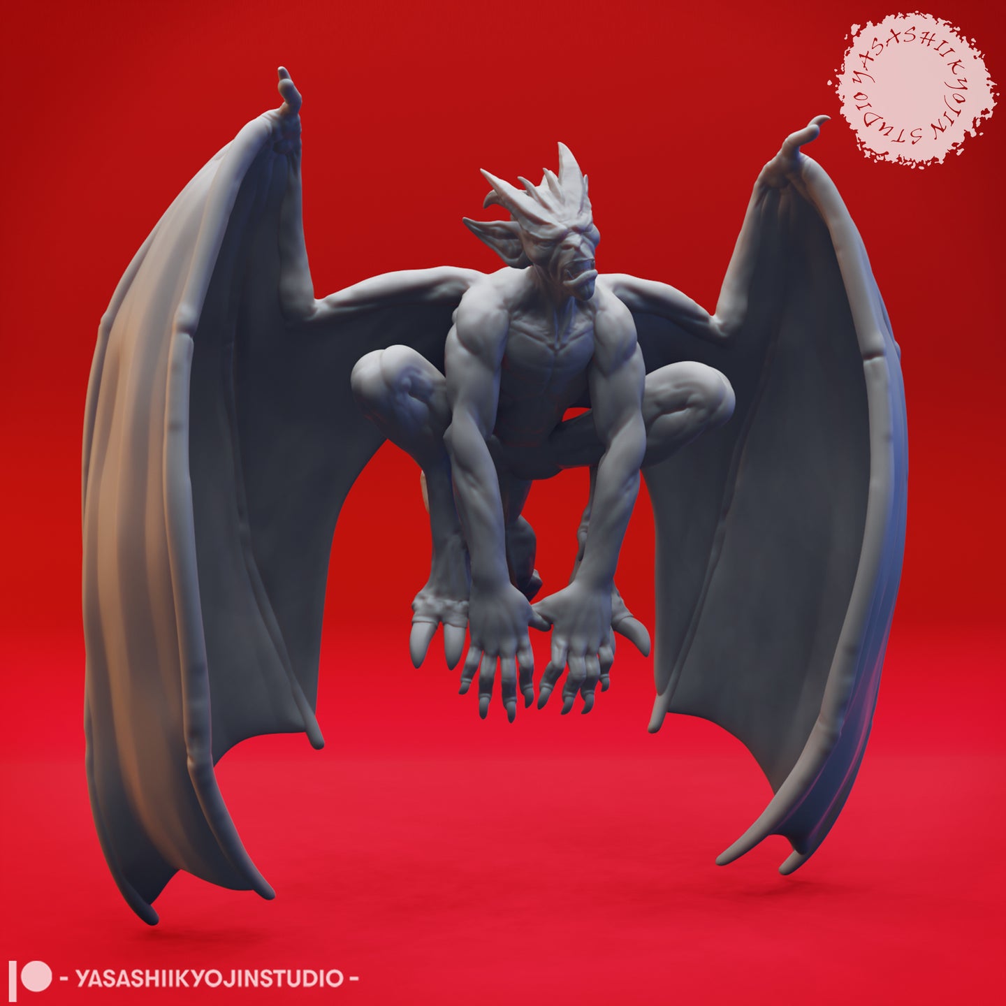Front-facing digital render of an unpainted imp demon miniature by Yasashii Kyojin Studio, showing wide leathery bat-wings spread open, muscular crouching body, clawed hands reaching forward, and a snarling face crowned with jagged bone spines