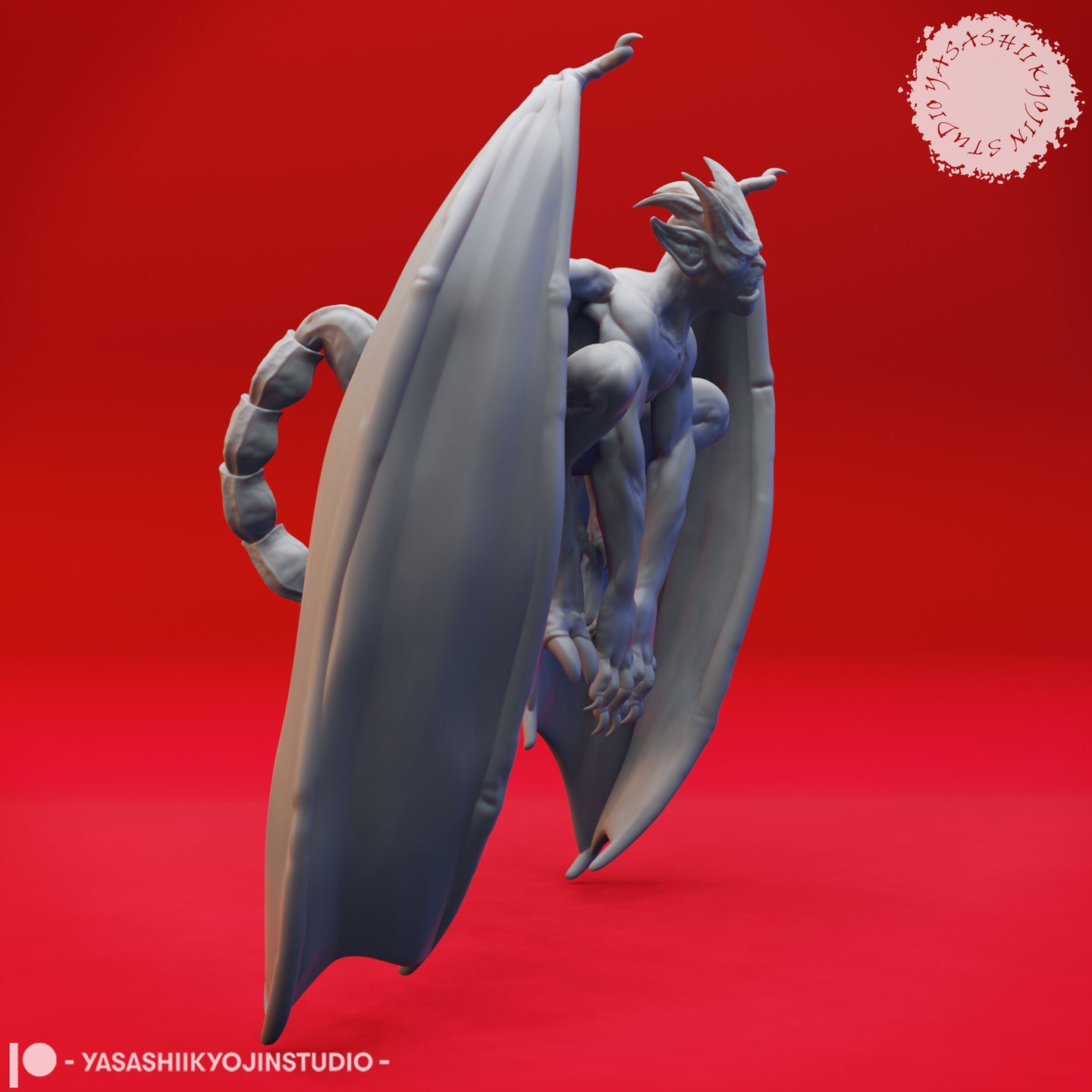 Side-profile digital render of the imp demon miniature, revealing a thick segmented scorpion-like tail curling around the body and the sculpt's wing membrane detail against a red background