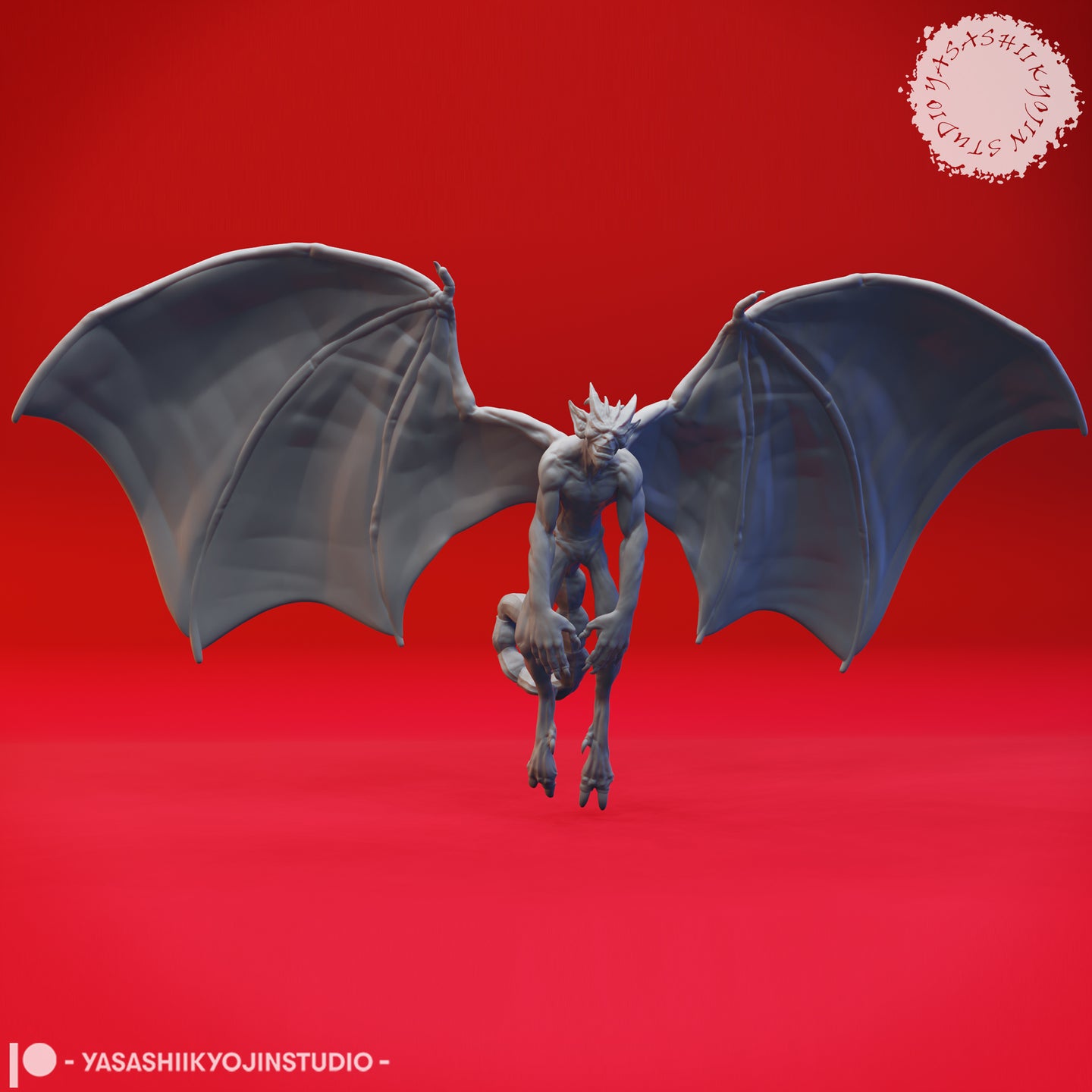 Front-facing digital render of a winged imp demon miniature in grey, wings fully spread, taloned feet raised, bony spines on its head, hovering in a swooping attack pose — Imps 02 by Yasashii Kyojin Studios