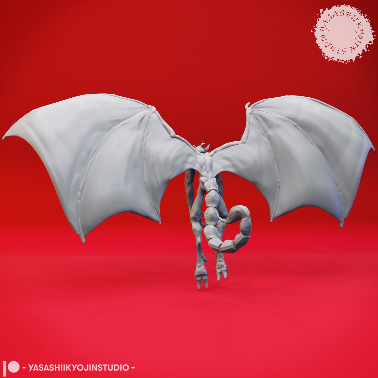 Rear view digital render of the Imps 02 imp demon miniature showing large bat-like wings, segmented curling tail, and clawed feet against a red background — Yasashii Kyojin Studios sculpt