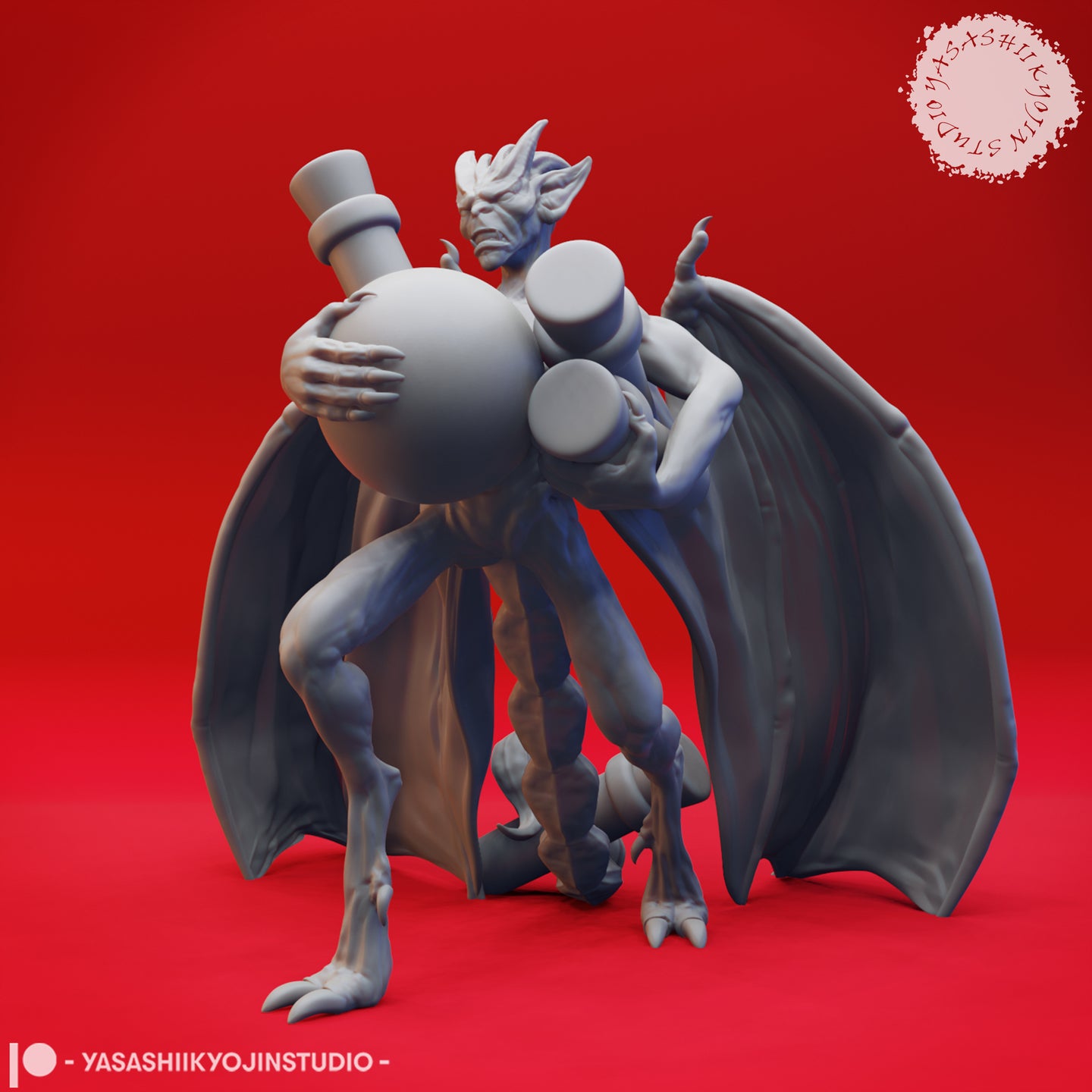 Digital render of an unpainted grey resin imp miniature — a winged, horned devil figure clutching a large orb with both clawed hands, wearing a small top hat, with leathery bat wings spread wide and taloned feet planted on the ground, viewed from the front