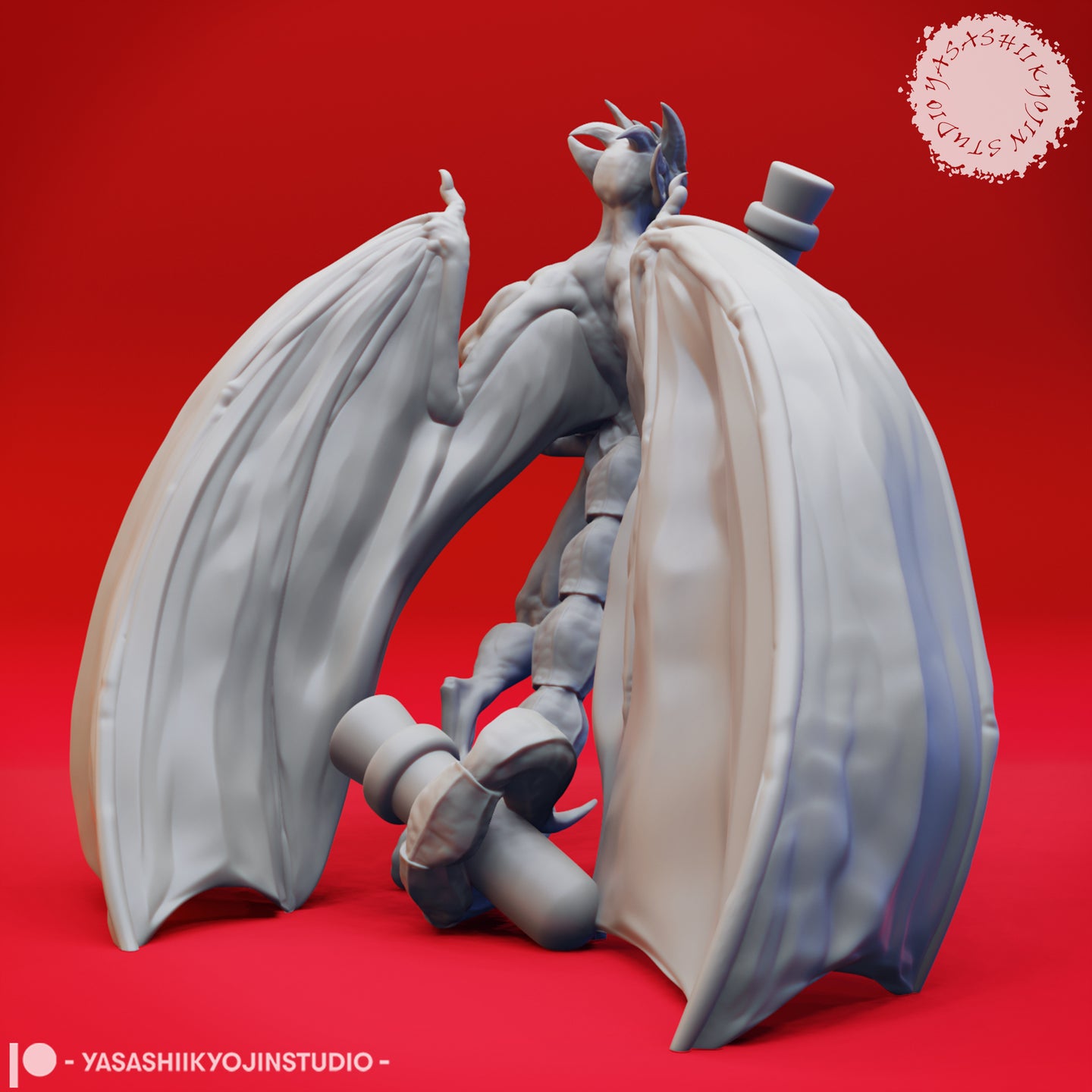 Digital render of an unpainted grey resin imp miniature — rear view showing the creature's sweeping dramatic cape spread across the ground, large bat wings extended, horned head tilted upward, and a top hat visible over one shoulder