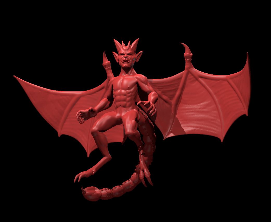 Digital render of a flying imp miniature — winged fiend with bat-like wings spread wide, clawed feet, ridged barbed tail, crown of small horns, and a snarling expression, shown in red resin against a black background