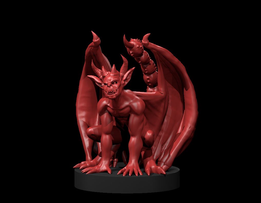 Digital render of an unpainted red resin imp miniature in a crouching pose, wings spread wide, claws splayed, snarling face with curved horns, mounted on a round black base