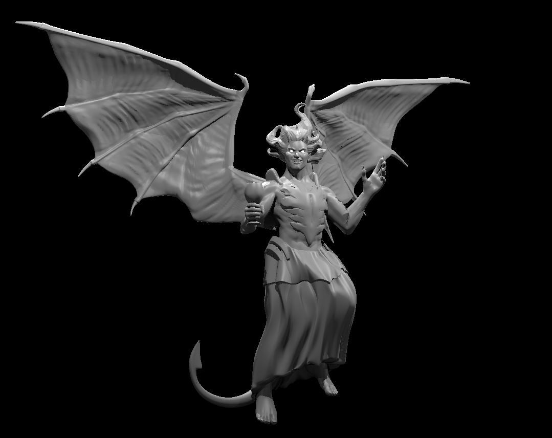 Grey resin digital render of an incubus miniature at 32mm scale — winged male demon with curved horns, barbed tail, leathery bat wings spread wide, one hand raised with clawed fingers extended, the other holding a goblet or orb, wearing a layered tattered robe, barefoot, three-quarter stance