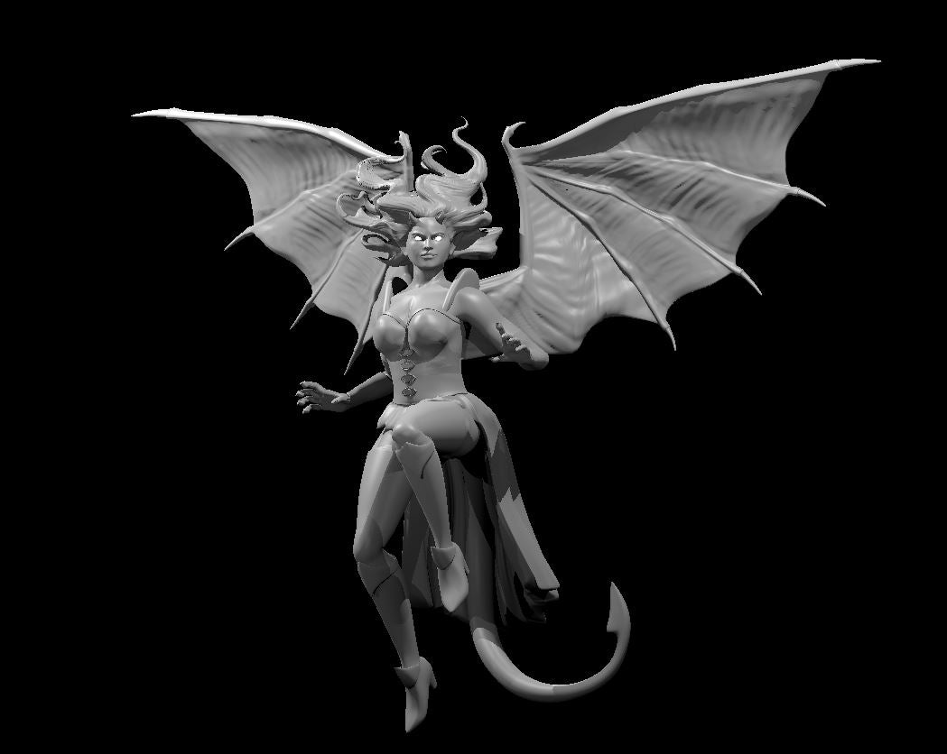 Digital render of an unpainted succubus miniature at 32mm scale — a female fiend hovering mid-air with large bat wings spread wide, small curved horns, flowing hair, clawed hands raised, and a barbed tail, wearing a fitted bodice with a torn flowing sash