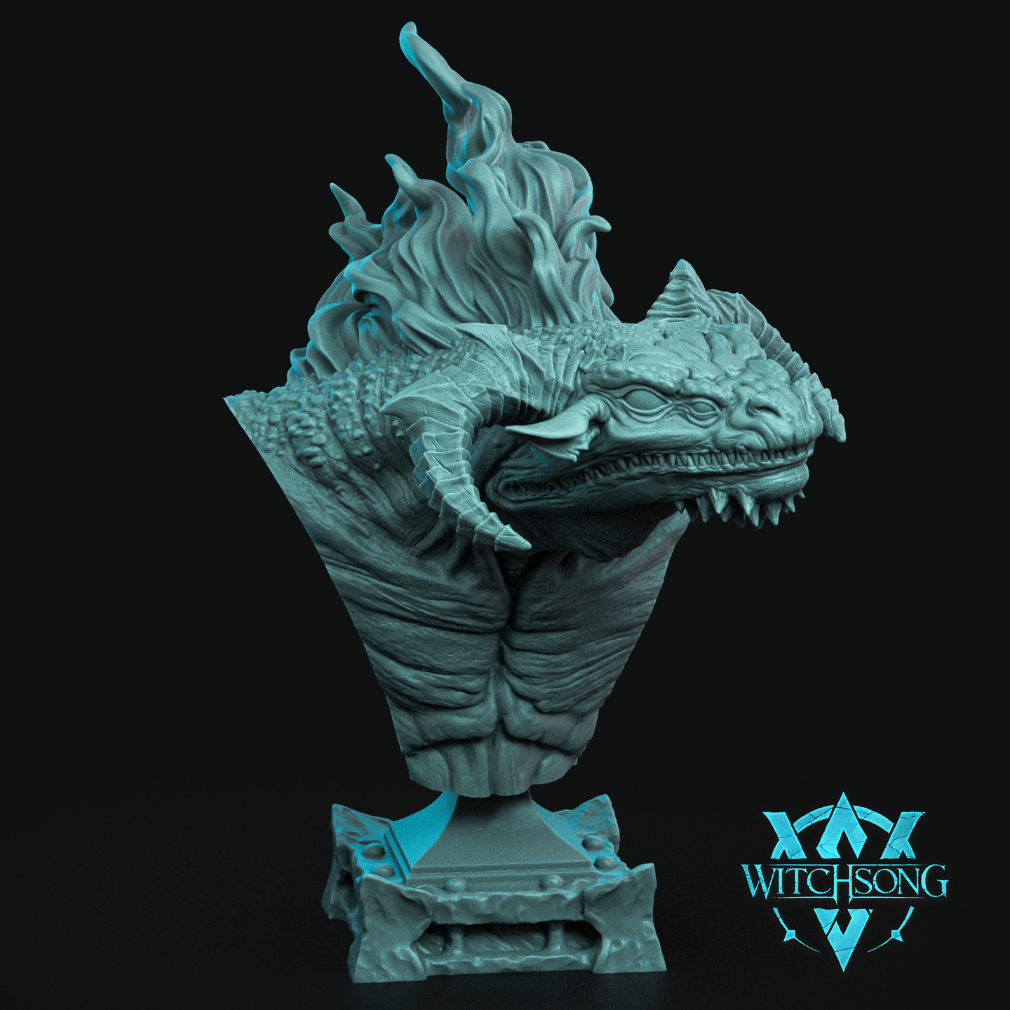 Infernis bust by Witchsong Miniatures — a broad-jawed reptilian demon head with heavy scales, curving jaw horns, and a mass of sculpted flames erupting from the crown, mounted on a decorative panelled stone plinth base.