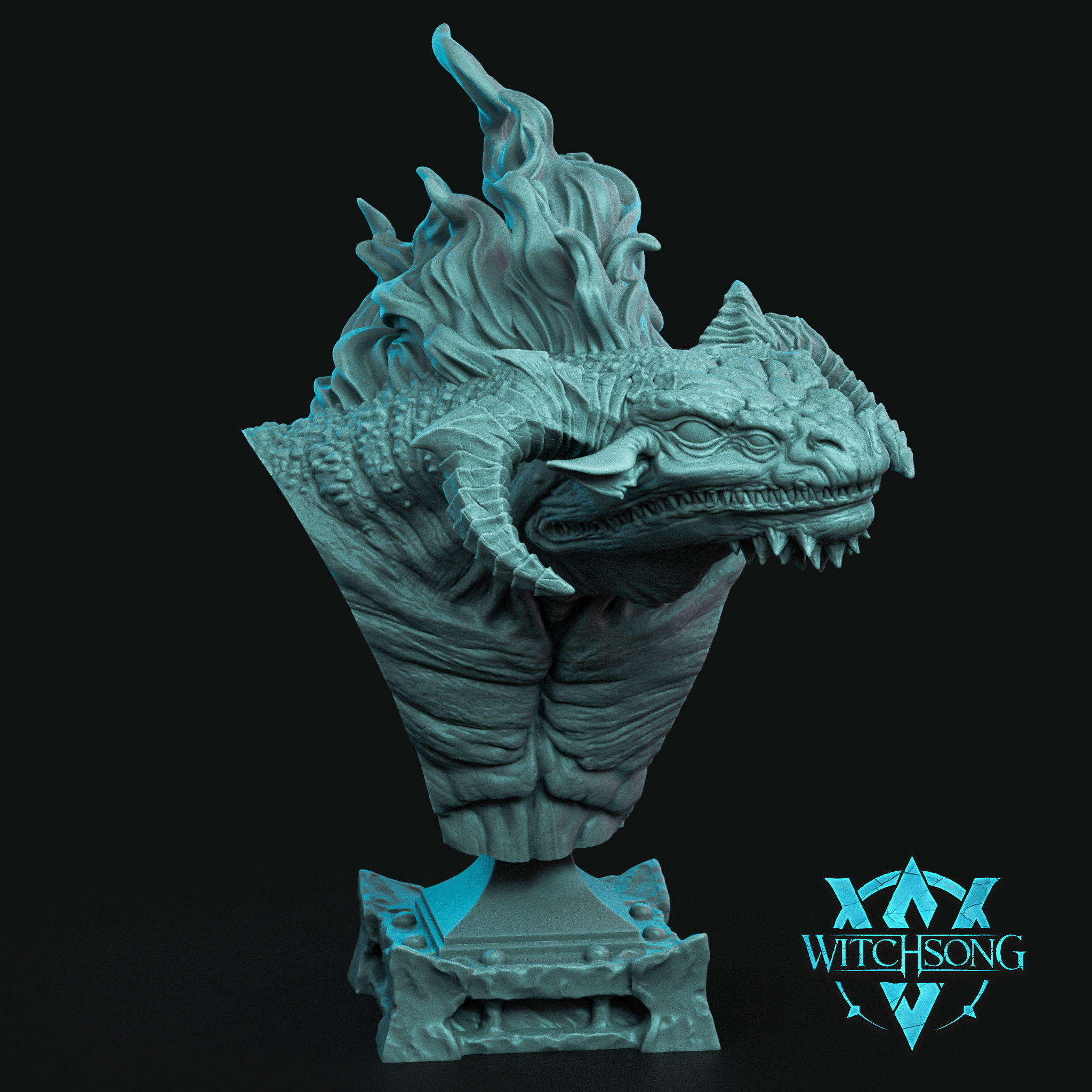 Infernis bust by Witchsong Miniatures — a broad-jawed reptilian demon head with heavy scales, curving jaw horns, and a mass of sculpted flames erupting from the crown, mounted on a decorative panelled stone plinth base.