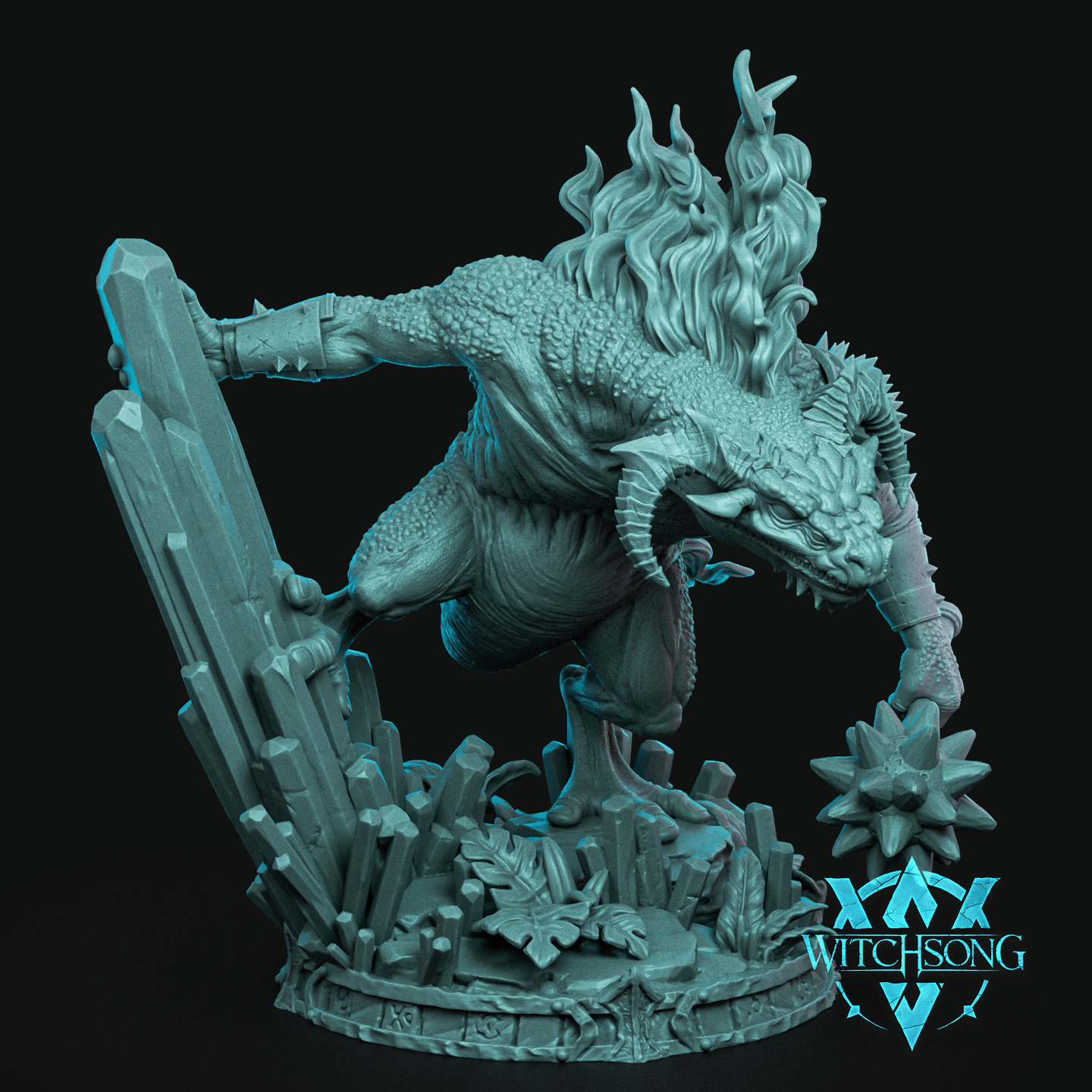 Infernis by Witchsong Miniatures — a large reptilian fiend lunging forward, gripping a spiked flail, with a blazing flame-like mane and recurved horns, braced against jagged crystal shards on a runic scenic base.
