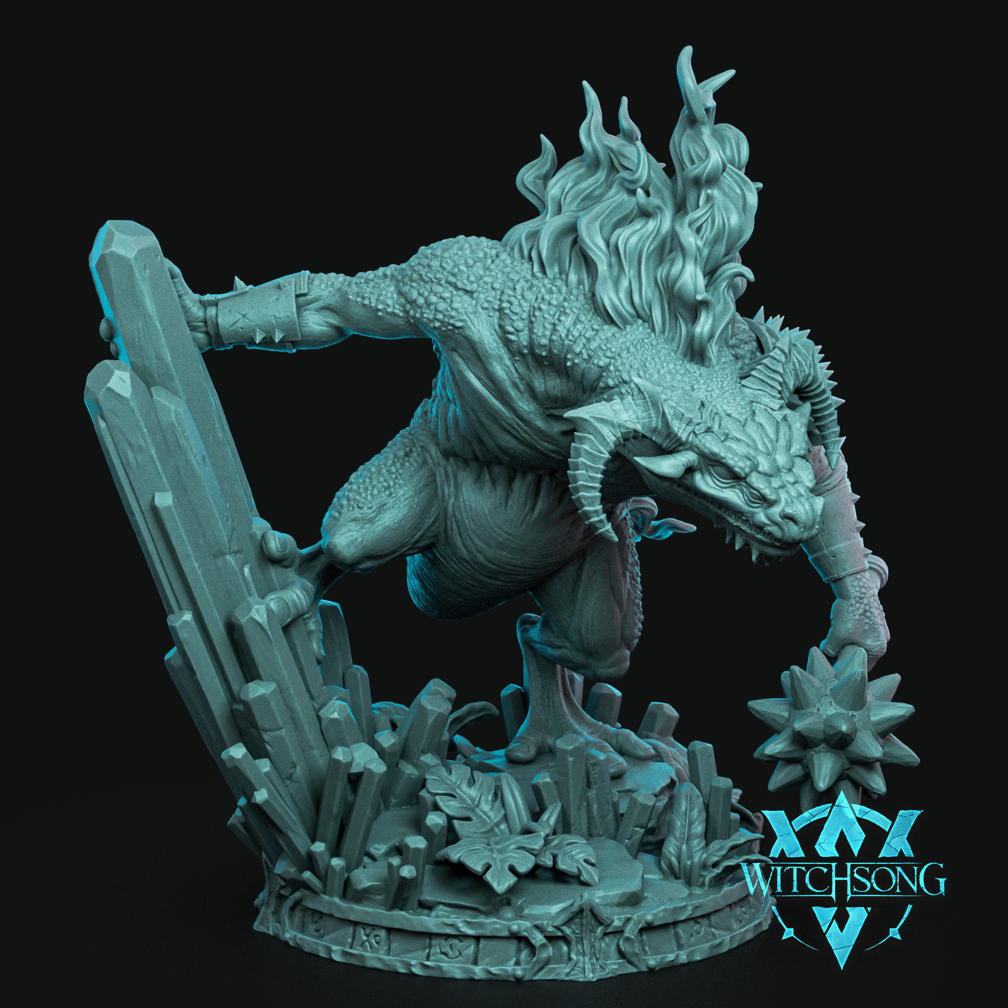 Infernis by Witchsong Miniatures — a large reptilian fiend lunging forward, gripping a spiked flail, with a blazing flame-like mane and recurved horns, braced against jagged crystal shards on a runic scenic base.