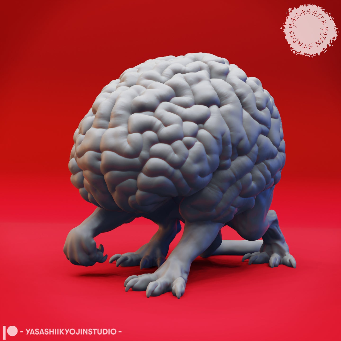 Digital render of an unpainted grey Intellect Devourer miniature — a large brain mass supported on four clawed legs, shown in a low forward-crouching stance with all four limbs visible, viewed from the front-left