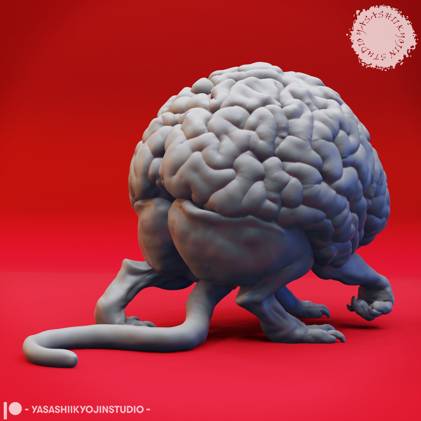 Digital render of an unpainted grey Intellect Devourer miniature — side view showing the creature in a prowling pose with a long trailing tail extending behind it and one raised clawed foot, deep cerebral folds clearly visible across the top of the brain mass
