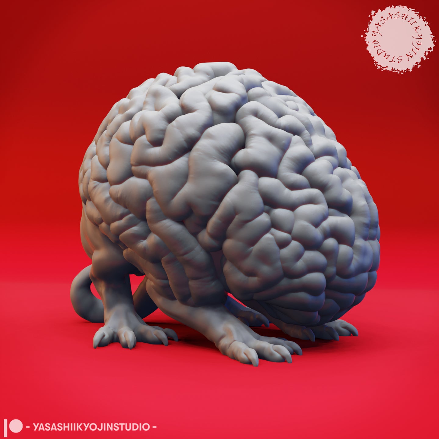 Front view of an unpainted grey resin render of the Intellect Devourer 02 miniature by Yasashii Kyojin Studios, showing a large brain-shaped creature body with deep cerebral folds, four splayed clawed feet, and a small curling tail, set against a red background