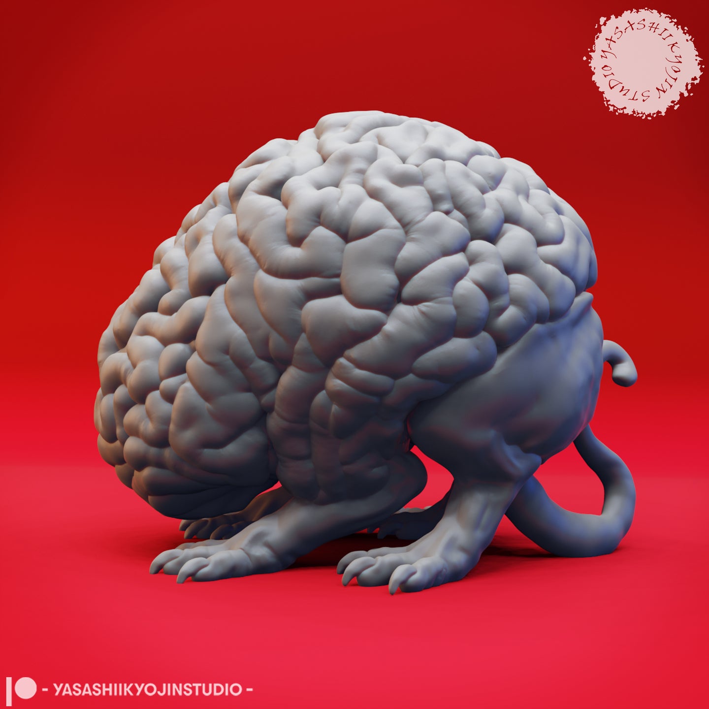 Side view of the Intellect Devourer 02 digital render by Yasashii Kyojin Studios, showing the creature's prowling stance, detailed gyri texture across the domed brain mass, clawed feet, and curling vestigial tail against a red background