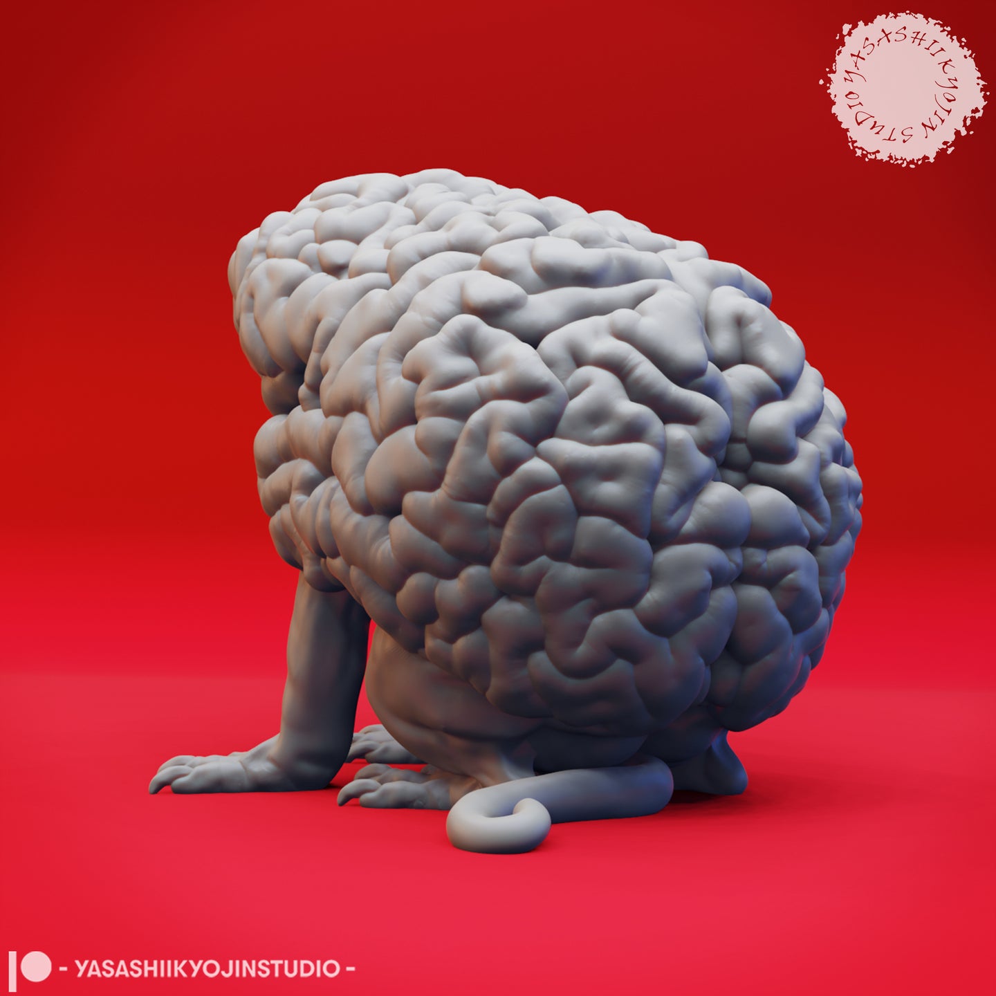 Digital render of Intellect Devourer 03 miniature by Yasashii Kyojin Studios — unpainted grey sculpt viewed from the rear, showing the full rounded brain-mass body with intricate gyrus detail across every surface, four legs visible beneath, and a small curling tail at the base