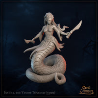 Front view digital render of Invidia the Venom-Tongued naga miniature by Great Grimoire, showing her coiled serpentine lower body, ornate feathered crest, flowing robes, and dual-wielded hatchet and curved blade, unpainted grey resin, 35mm scale
