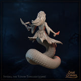 Rear view digital render of Invidia the Venom-Tongued naga miniature by Great Grimoire, showing the detailed scale texture of her serpentine tail, billowing sash, and flowing hair, with both blades visible, unpainted grey resin, 35mm scale